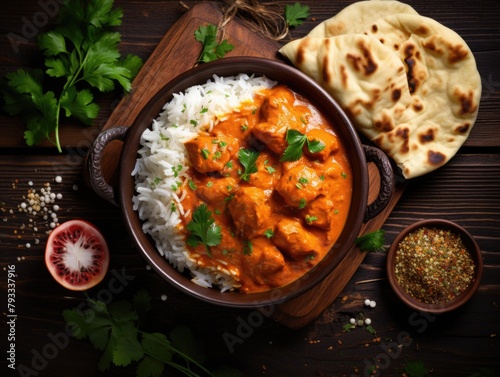 A bowl of red curry with rice and a plate of flatbread. The bowl is on a wooden table with a few spices and herbs nearby. Scene is warm and inviting, with the delicious-looking food