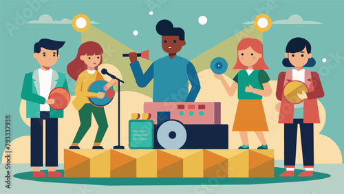 The sound of music fills the air as a talented group of young musicians take turns performing on a small stage selling their CDs and