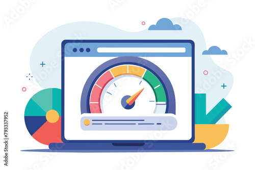 Computer screen showing a speedometer, indicating website speed test results. Minimalist design with flat vector graphics, Website speed test, Simple and minimalist flat Vector Illustration