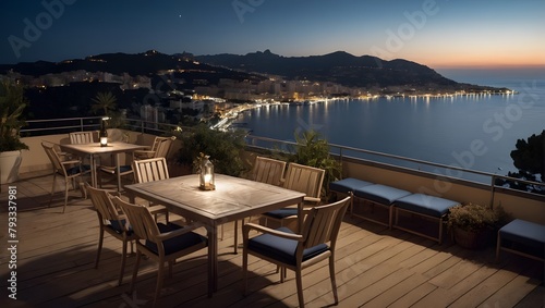 Landscape of outdoor luxury cafe table and chairs on rooftop in Monaco with sea view and beautiful evening sky. Ai Generative. 