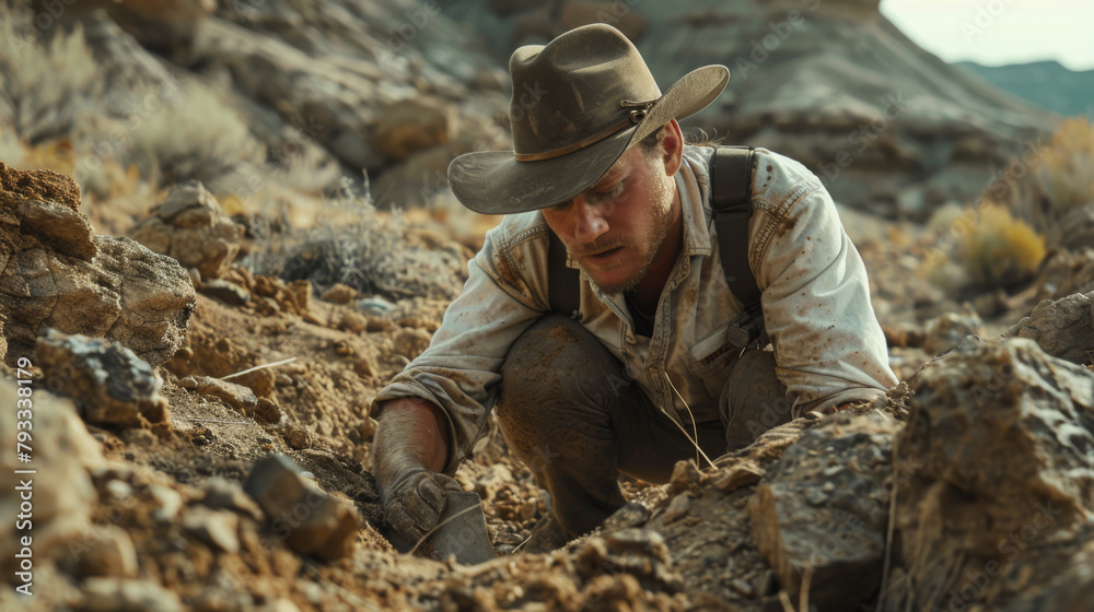 Paleontologist carefully excavating at a dig site with focus and precision.