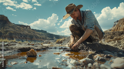 Paleontologist works at a dig site with dramatic landscape in the background.