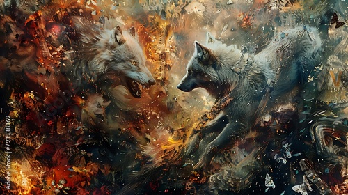 Two wolves are fighting in a fiery battle