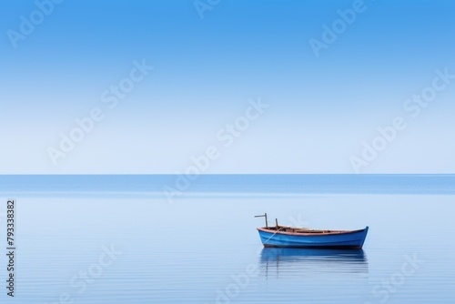A small blue boat sits in the middle of a large body of water. The sky is clear and blue, and the water is calm. The scene is peaceful and serene, with the boat as the only point of interest