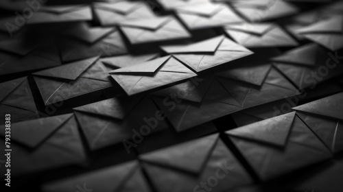 A stack of black envelopes with a dark background. The envelopes are all the same size and shape, and they are all facing the same direction. Concept of formality and seriousness photo