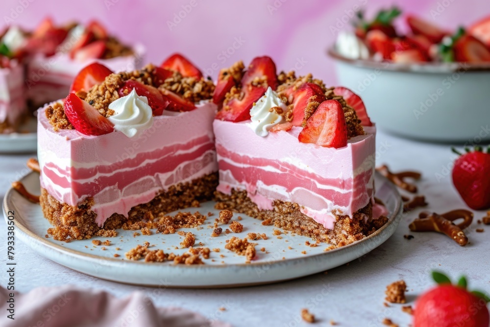A slice of strawberry cheesecake with a strawberry on top. The cake is cut in half and is served on a white plate A slice of strawberry cheesecake with a strawberry on top. The cake is cut in half and is served on a white plate