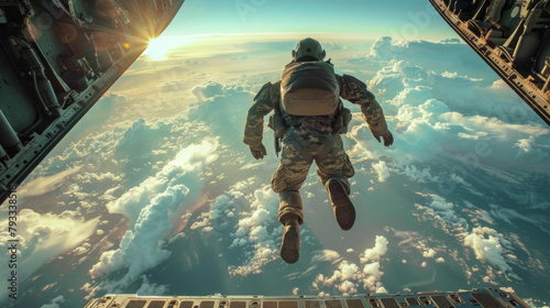 A paratrooper in mid-jump from an aircraft, with a wide-angle view of the sky and clouds below. photo