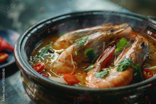A bowl of shrimp soup with red peppers and green herbs. The soup is hot and steamy, and the shrimp are cooked and ready to eat