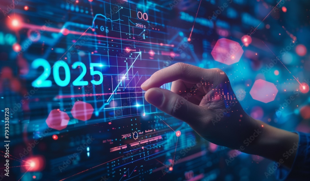 A man is pointing at a graph on a computer screen that says 2025. Concept of progress