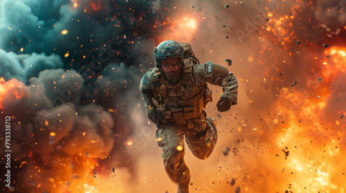 A paratrooper in mid-action, engulfed by fiery explosions, evoking a dramatic and intense atmosphere.