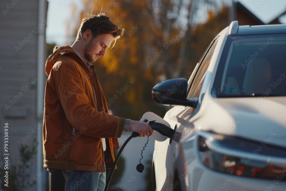Concentrated person plugging in a charger to a white electric vehicle at sunset Concentrated person plugging in a charger to a white electric vehicle at sunset