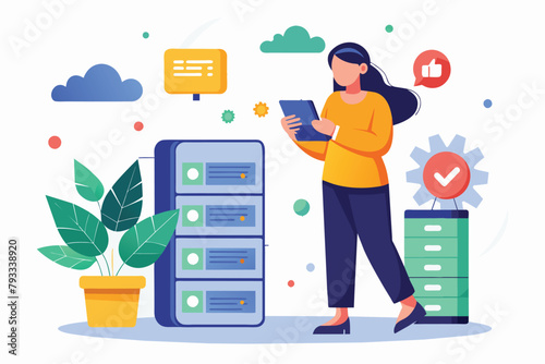 A woman is standing in front of a massive stack of data while using her phone for backup, woman backup big data with phone, Simple and minimalist flat Vector Illustration