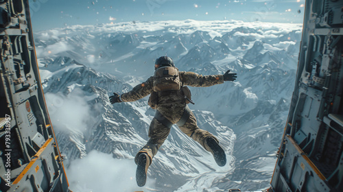 A paratrooper jumps from an aircraft into an expanse of snowy mountain terrain, depicting an adventurous skydiving scene. photo