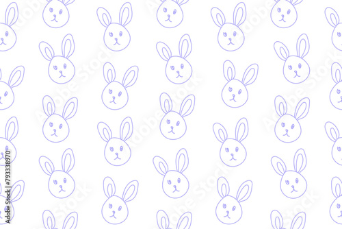 Seamless pattern with simple doodle kawaii cute face, head of bunny, rabbit for children, kids, baby isolated on white background. Vector handwritten illustration for baby, kids