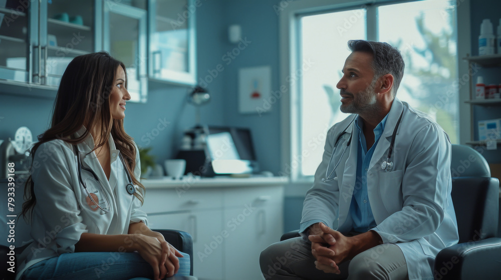 A male healthcare professional and a female patient coordinator conversing in a clinic office.