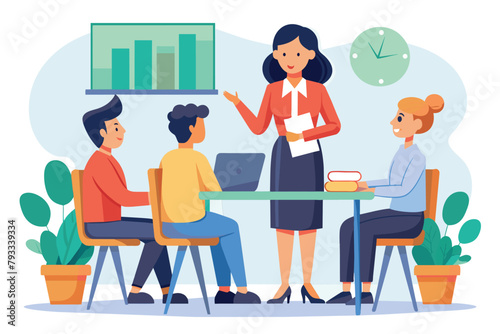 A woman confidently presents to a group of attentive individuals during a meeting, woman conducting a meeting, Simple and minimalist flat Vector Illustration