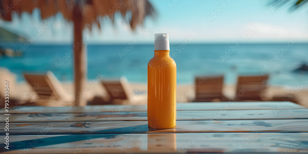 Fototapeta premium Yellow sunscreen bottle on table, blurred beach background