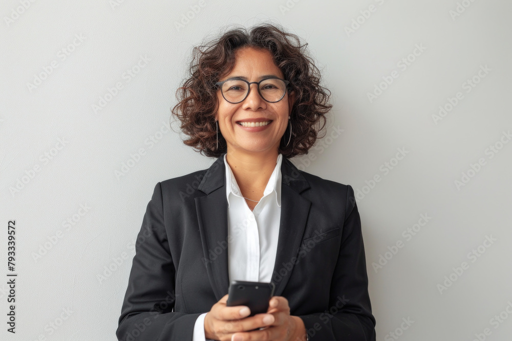 Smiling Middle-Aged Hispanic Businesswoman with Glasses Holding a Smartphone on a Plain Background. Smiling Middle-Aged Hispanic Businesswoman with Glasses Holding a Smartphone on a Plain Background.