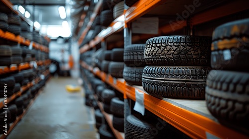 Tires in precise formation disrupted by rebellious unit, standing out on the shelf photo