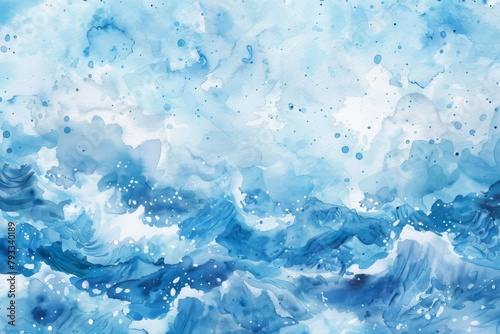 A painting depicting a vibrant blue ocean with waves crashing against the shore photo