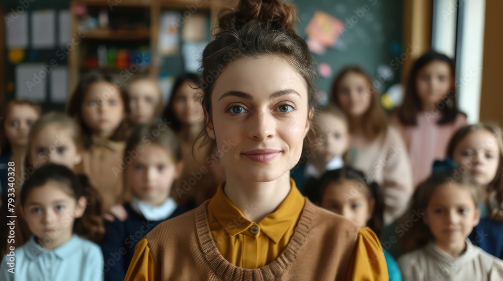 Beautiful professional female teacher of nursery school or kindergarten looking at camera while standing against group of little learners