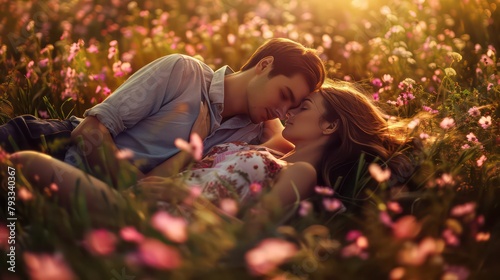 Beautiful young couple in love lying on the blooming meadow photo