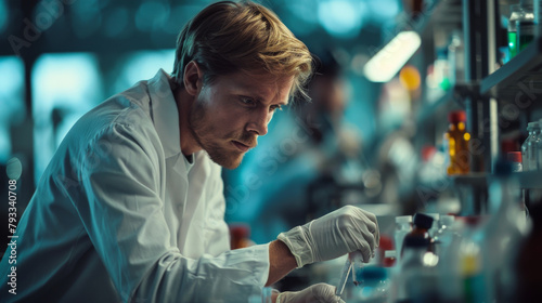 Focused pharmacologist analyzing substances in a lab, surrounded by glassware and equipment, shot with a wide-angle lens. photo