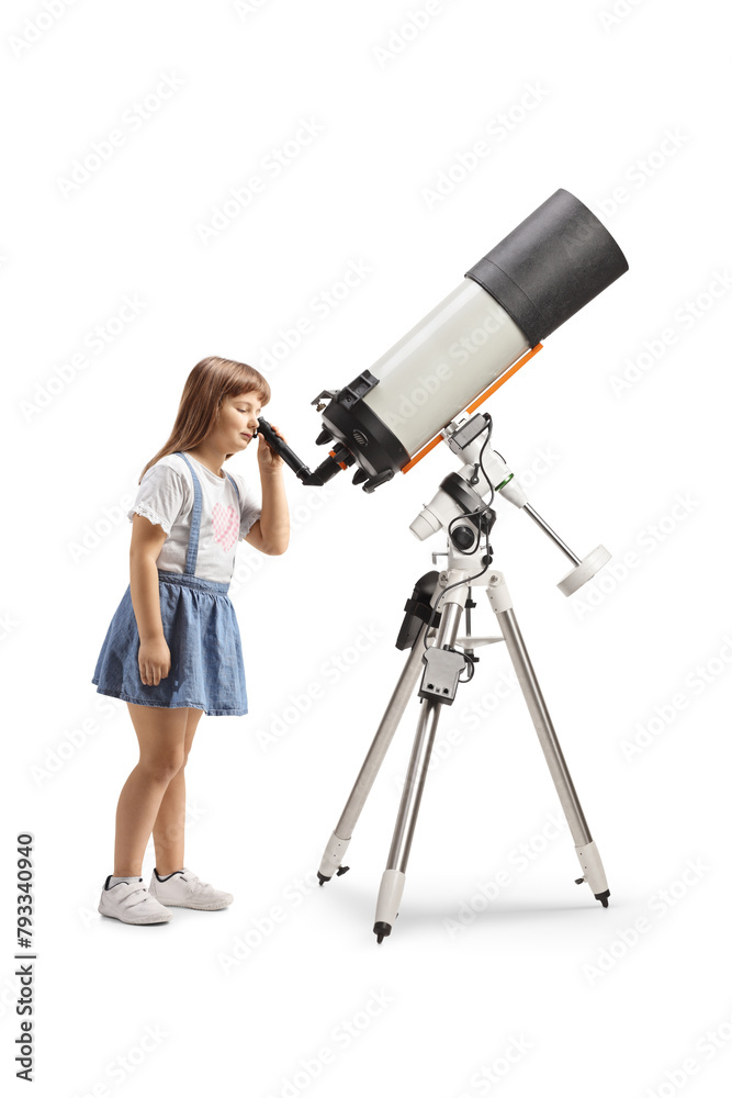 Girl observing the planets and stars with a telescope