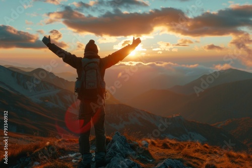 Man with arms raised in celebration on the summit during a picturesque sunset