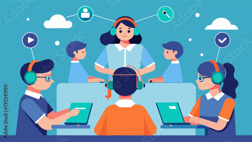 In a futuristic classroom students sit at their desks with special headsets on connected through a network that allows them to learn and communicate.