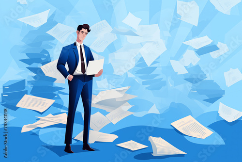 Business graphic vector modern style illustration of a business person in a workplace environment drowning deluged in paper work admin red tape overworked work load too much to handle