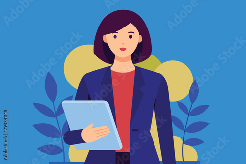 A woman holding a tablet device in her hands, focusing on the screen, Woman holding tablet Business target, Simple and minimalist flat Vector Illustration