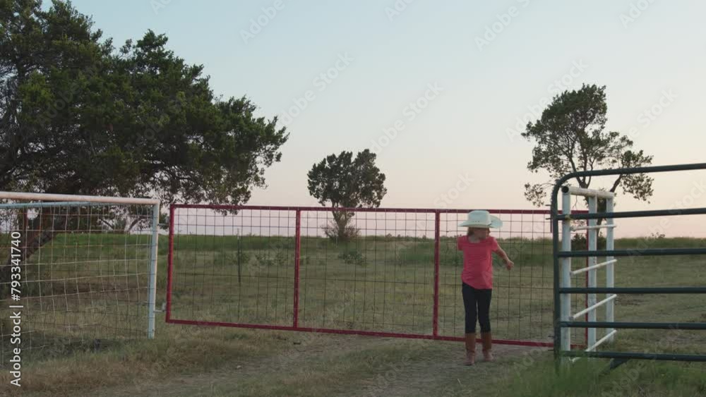 A girl with a cowboy hats closes the gate to a pasture A girl with a cowboy hats closes the gate to a pasture