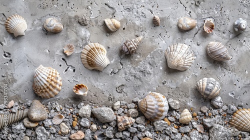 Assorted seashells and small pebbles strewn across a textured concrete surface, capturing a seaside essence. photo