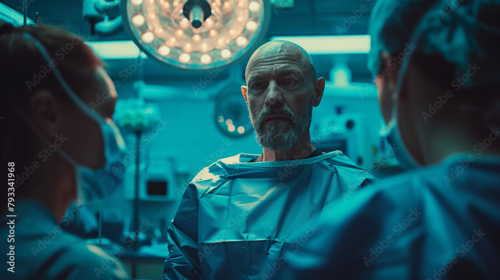 A male plastic surgeon in scrubs discusses with colleagues in an operating room, under surgical lights. A male plastic surgeon in scrubs discusses with colleagues in an operating room, under surgical lights.