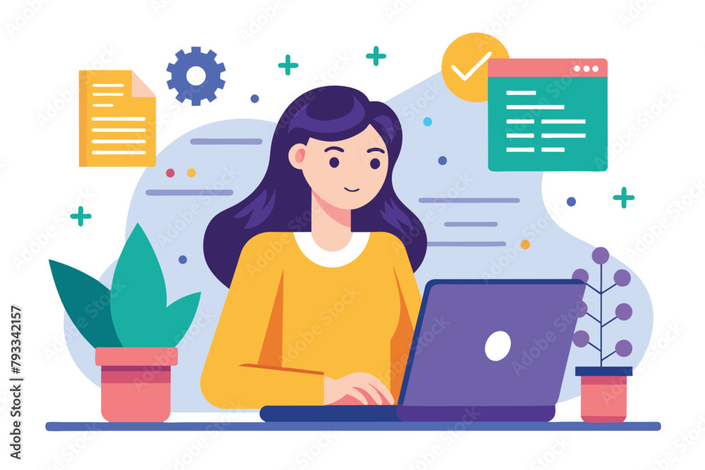 A woman sits in front of a laptop computer, focused on learning about programming, woman is learning about programming, Simple and minimalist flat Vector Illustration A woman sits in front of a laptop computer, focused on learning about programming, woman is learning about programming, Simple and minimalist flat Vector Illustration