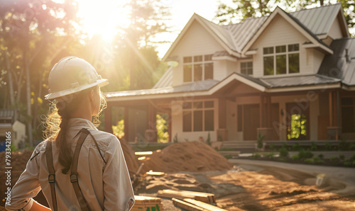 Girl woman, builder ,construction worker ,architect, project manager, manager, building her own home, constructor, with a hard hat on, in front of the new home house, white, worker, industry, equality