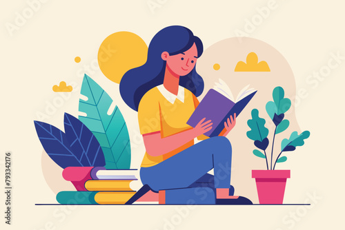 A woman sitting on the floor absorbed in reading a book, woman is reading a book, Simple and minimalist flat Vector Illustration