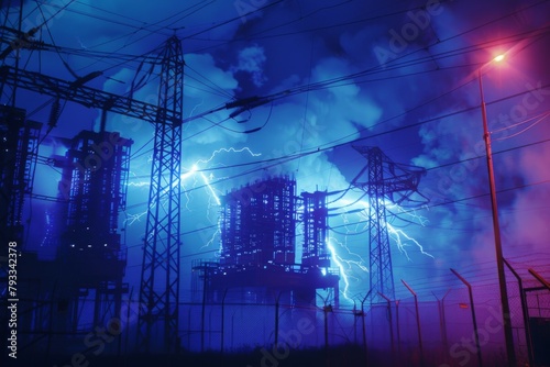 Electricity strikes a power station in the city at night