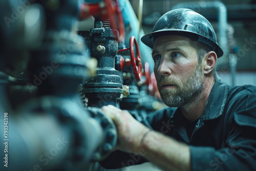 Wallpaper Mural A plumber in a hard hat focused on fixing a pipe in a dimly lit industrial setting. Torontodigital.ca