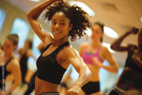 A woman performing an aerobic routine in a bright studio photo