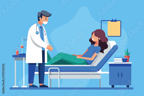 Doctor Examining Patient in Hospital Bed, woman lying in hospital bed and doctor examining, patient consultation, Simple and minimalist flat Vector Illustration
