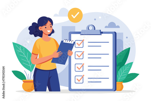 A woman is holding a clipboard with a checklist on it, focusing on organizing tasks efficiently, Woman making checklist for control of rules companies, Simple and minimalist flat Vector Illustration