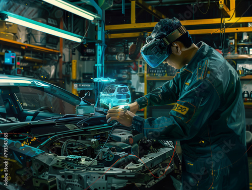 Car mechanic using augmented reality for repairs