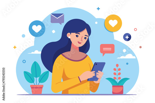 Woman holding a smartphone in her hands, checking social media, woman playing social media on mobile, Simple and minimalist flat Vector Illustration