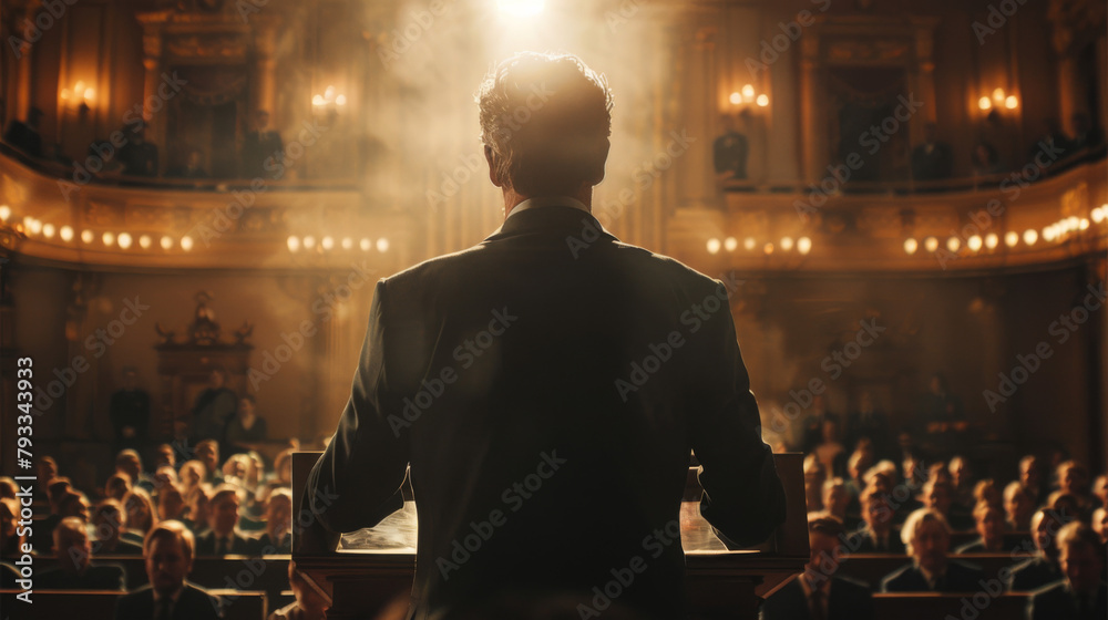 A politician stands at a podium addressing an audience in a grand hall with dramatic lighting. A politician stands at a podium addressing an audience in a grand hall with dramatic lighting.