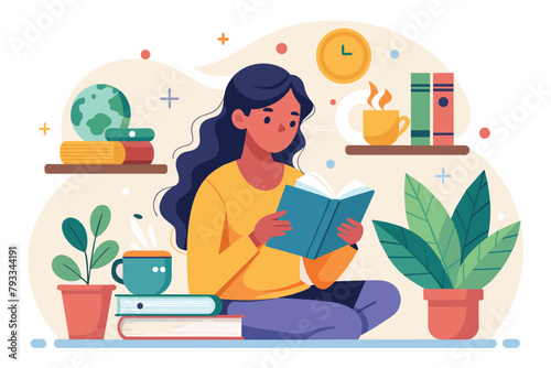 A woman sits on the floor reading a book, absorbed in the pages, woman reading a book at home, Simple and minimalist flat Vector Illustration