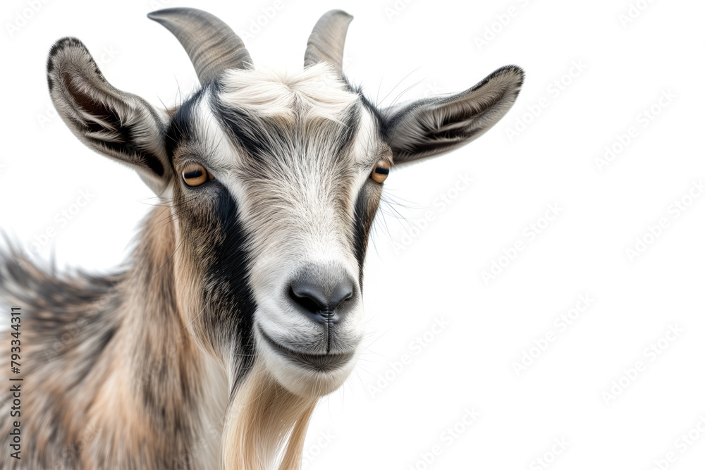 A close-up portrait of a majestic goat with distinct black and white fur, large brown eyes, and dark-colored horns against a white background.