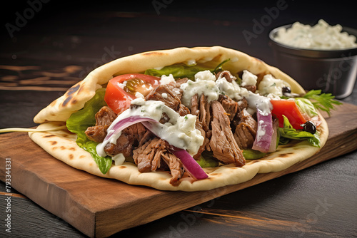 A delicious pulled pork gyro sits invitingly on a wooden board, its soft flatbread overflowing with tender meat, fresh vegetables, and creamy sauce.