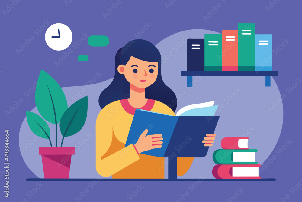 Woman Reading a Book in Front of Bookshelves, woman reading a book with a computer in the background, Simple and minimalist flat Vector Illustration Woman Reading a Book in Front of Bookshelves, woman reading a book with a computer in the background, Simple and minimalist flat Vector Illustration